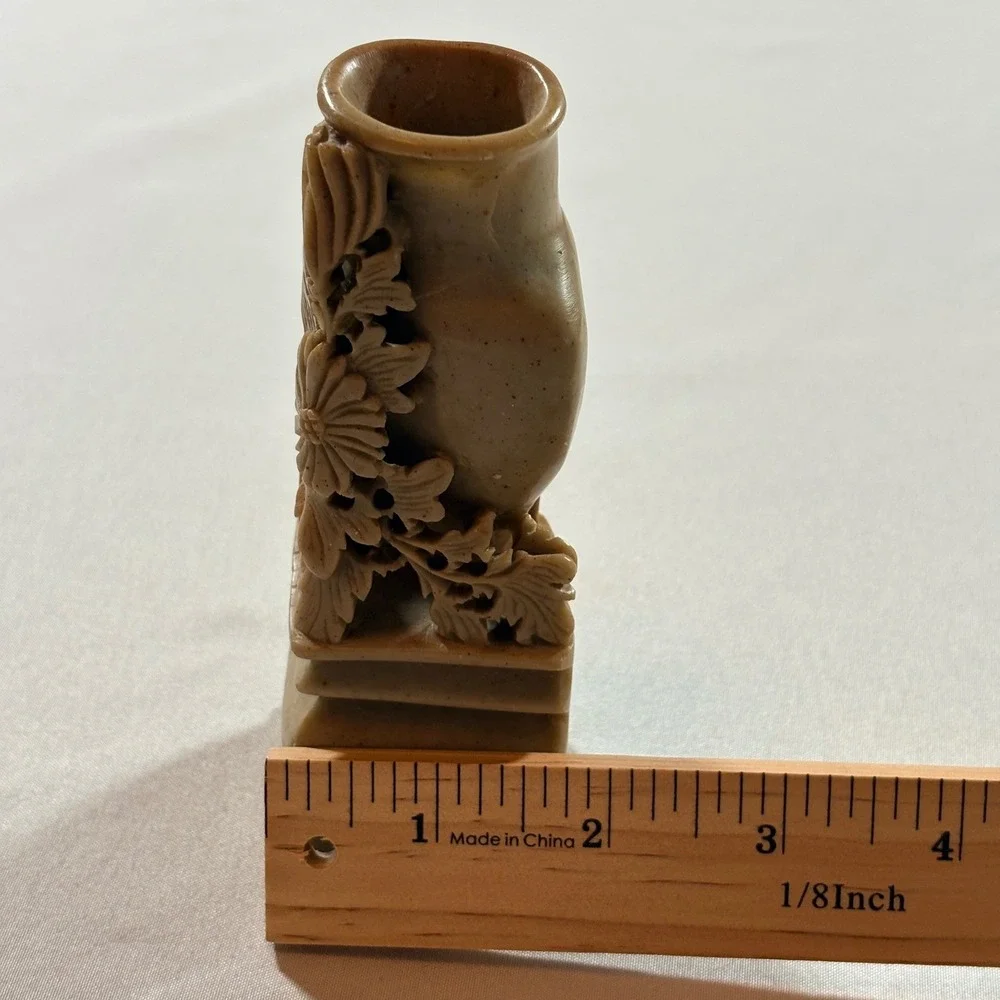 Vintage Hand Carved Soapstone Bud Vase Chinese Floral Relief Tan 5.5 Inch